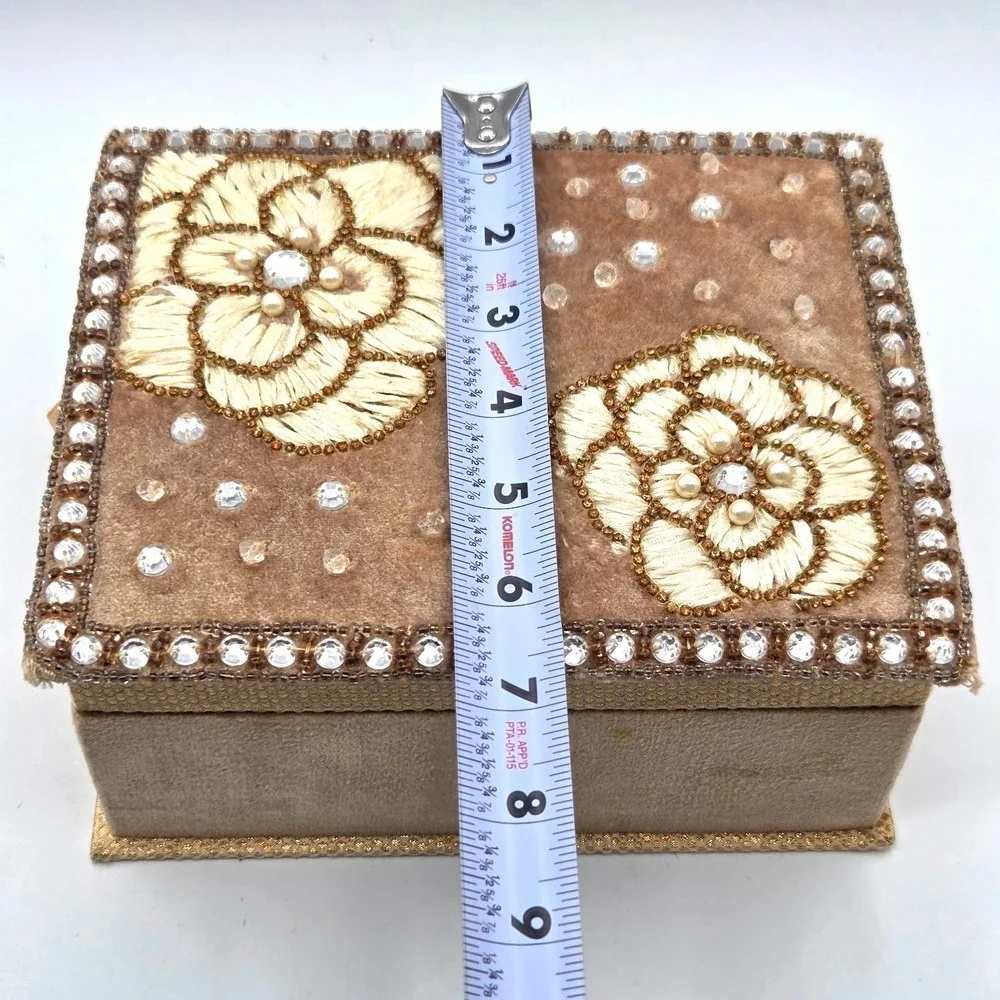 Velvet Floral Embroidered Jewelry Box with Rhinestones Beads Sequins Design